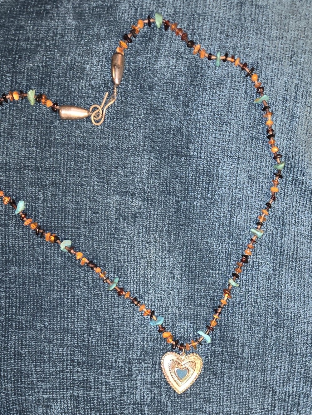 Turquoise Heart Pendant Necklace Sterling Silver with Amber Bead Accents 26 inch - Picture 2 of 7